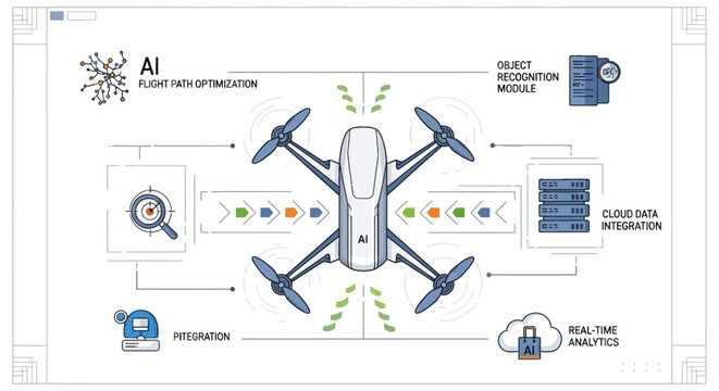 Drone equipped with artificial intelligence for optimized flight path and object recognition using cloud data integration in innovative line art