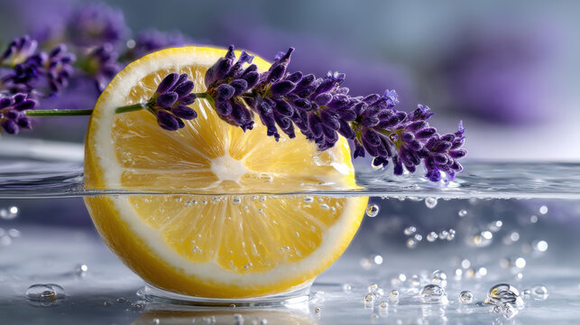 Fresh lemon lavender water reflection splash freshness citrus purple flower slice aromatherapy fresh lemon slice with lavender flower rest clear water with splash, reflection and bubble detail