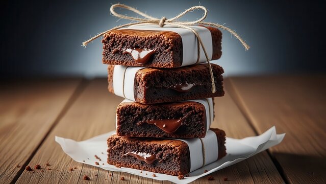 A stack of four chocolate brownies with molten centers tied with string