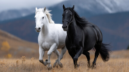 Obraz premium Horse stallion mare white black running grassland meadow autumn mountain two horse running grassland meadow autumn landscape, white horse and black horse gallop together with powerful motion