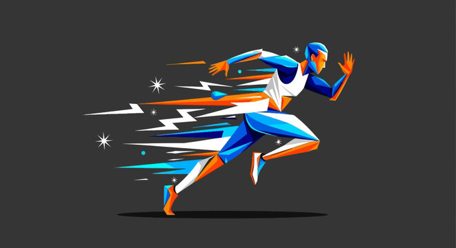 Dynamic runner in motion illustration featuring polygonal shapes and speed trails with orange white and blue color accents on a gray backdrop