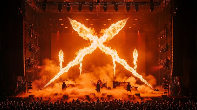 Stage pyrotechnic show with orange flames concept. Dynamic live concert showcasing fire and crowd energy.