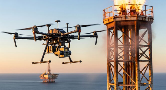 Professional industrial inspection drone hovering near offshore oil rig flare stack. Automated technology performing safety monitoring for energy sector-specific manufacturer infrastructure.