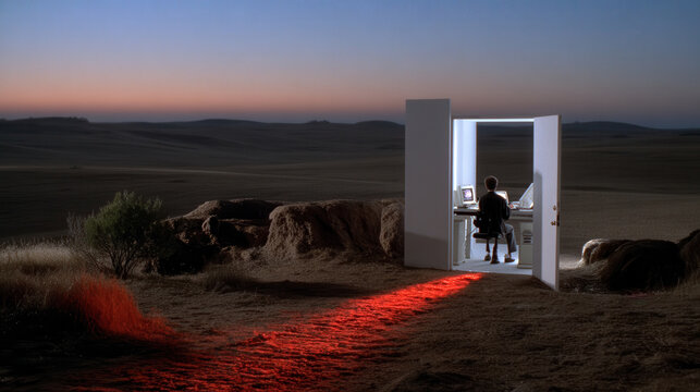 Surreal landscape open field night sky glowing doorway red light computer desk remote work creative concept digital art solitude