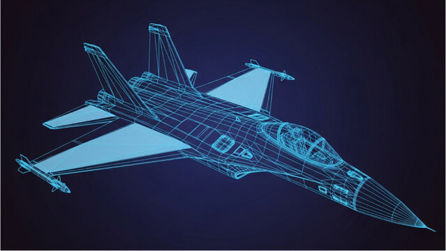 Vector 2D CAD drawing of a fighter jet in flight mode