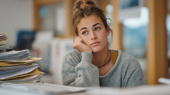 Nervous young woman at a building department counter submits a thick stack of renovation permit applications, clerk reviewing documents skeptically, municipal permit office, permit application proce