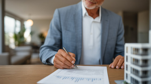 Investor reviews printed real estate crowdfunding term sheet beside a scale model of the development project, home office, lamp lighting, individual property investor, crowdfund real estate deal ter