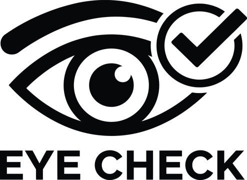 Black eye check icon symbol with magnifying glass pupil medical vision examination optometrist ophthalmologist graphics.