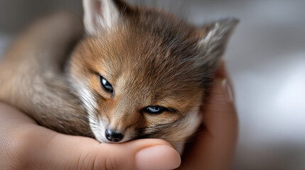 Obraz premium Fox cub animal wildlife fur closeup mammal baby nature eye hand care portrait pet soft wild young adorable outdoor face ear whisker brown cute resting sleepy relax calm gentle friendly rescue