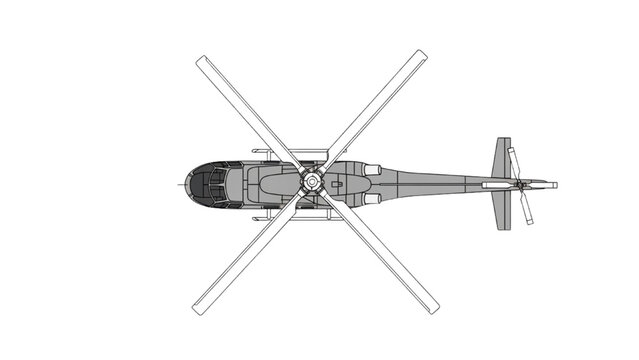Vector 2D CAD drawing of helicopter rotor blades and tail section