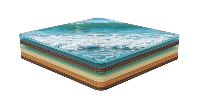 Cross section of earth layers with ocean waves on top, natural environment, geological strata, isolated on white