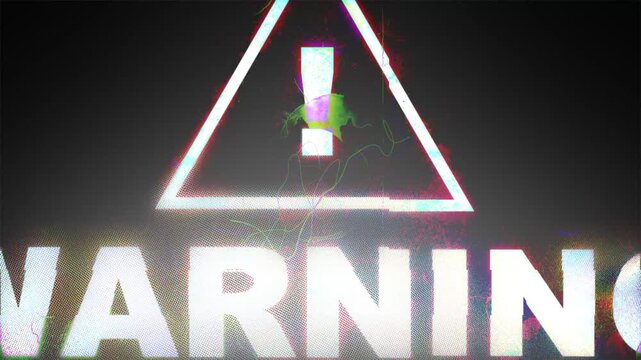 Error message warning sign with glitch background effect, perfect for themes of system failure, cyber security breaches, computer viruses, or technological malfunctions. 4k video