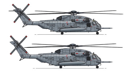 Detailed vector 2D CAD drawings of military helicopters in flight © Stock Image Paradise