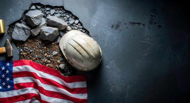 Labor Day tribute with American flag, work boots, hard hat, and bread loaf on dark textured background