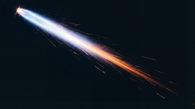 Dynamic radiant spark flutter on black concept. Rocket propulsion with flame trail against a dark backdrop.