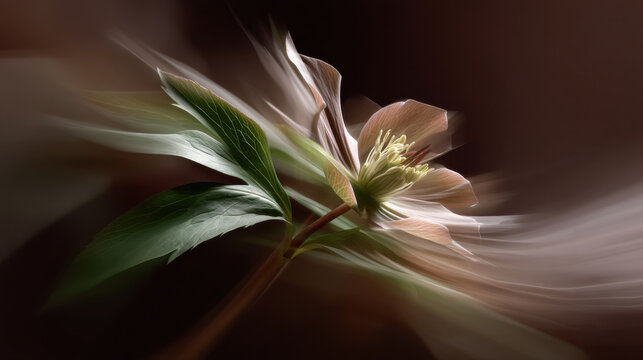 Abstract flower hellebore soft focus motion blur dreamy ethereal fine art macro green leaf delicate petal pastel color muted tone dusty pink closeup garden nature blossom bloom stamen botanical