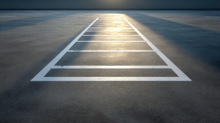 Fototapeta premium Empty Parking Lot with Sunlight Reflections on Wet Asphalt and Parallel White Lines Creating a Calm and Serene Atmosphere