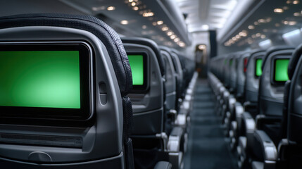 Fototapeta premium Airplane cabin aircraft aisle economy seat empty seat green screen inflight entertainment travel interior passenger cabin modern aircraft journey comfort Airplane cabin with empty economy seat