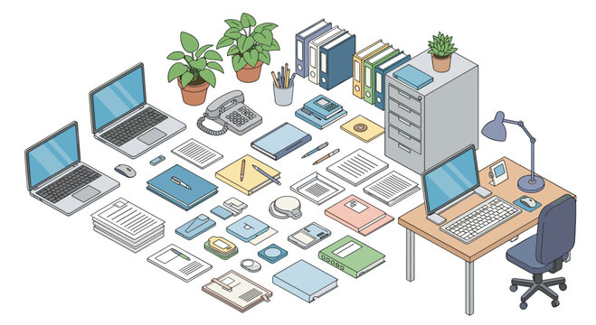 Comprehensive isometric collection of office supplies and furniture including laptops desks plants and stationery.