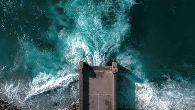 Aerial view of a concrete structure leading into churning turquoise ocean waves