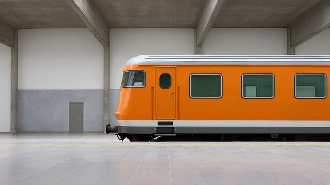 Vintage orange train carriage in a modern minimalistic station with large windows and concrete pillars creating a unique architectural ambiance