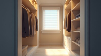 Fototapeta premium Spacious and Stylish Modern Closet with Organized Shelves and Natural Light for Elegant Home Interiors