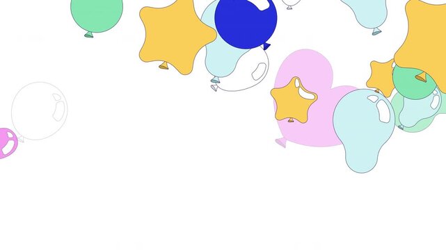 Party balloons falling down top border video overlay. Star baloons. Animated upper edge frame with cascading elements. Motion graphics with transparent copy space. Decoration seamless animation