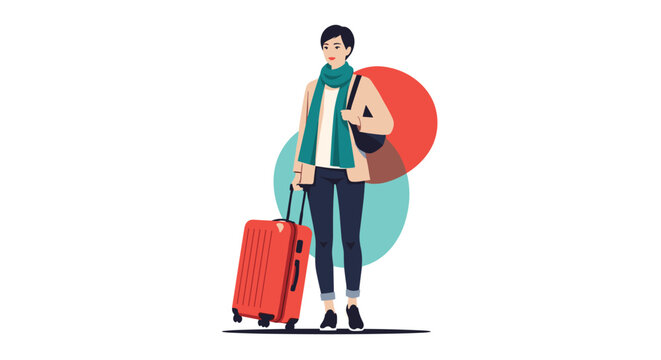 Young female traveler stands ready for a journey with a bright red suitcase and a green scarf on an abstract background.