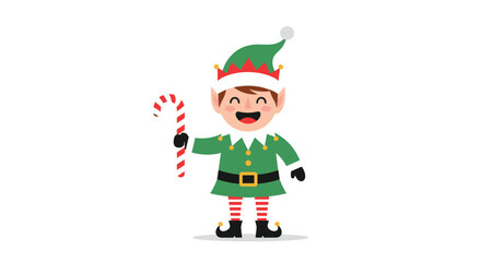 Fototapeta premium Happy Christmas elf dressed in a green and red outfit holds a large striped candy cane with a cheerful expression.