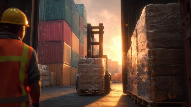 Warehouse worker operating a forklift to load a shipping container at sunset.&nbsp;Logistics operation, warehouse worker supervising the loading of cargo into a shipping container.&nbsp;