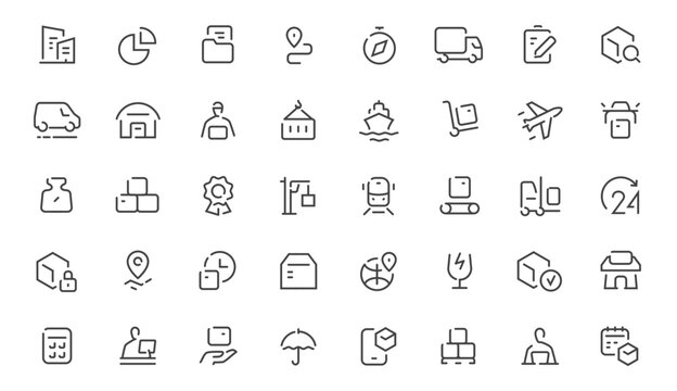Logistics and delivery line icons set, minimal shipping and transport outline symbols