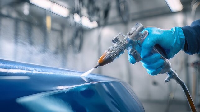 Person using a HVLP (High Volume Low Pressure) spray gun to paint a car. 