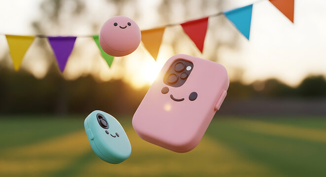 Cute cartoon-style pink phone case and small round objects with smiling faces floating outdoors against a sunset sky with colorful bunting flags