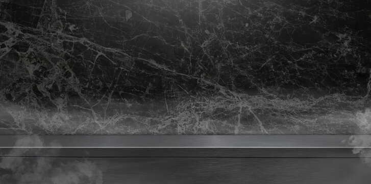 Luxury Black Marble Wall with Dark Metal Countertop and Smoke Effect, Elegant Stone Surface Background for Product Placement, Modern Kitchen Interior Mockup with Steam and Textured Backsplash.