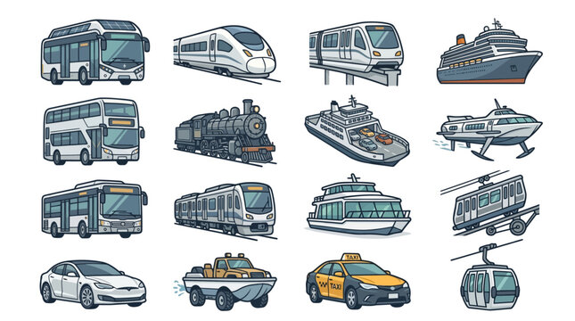 A collection of various modern and classic transportation vehicles including buses, trains, ships, cars, and cable cars, on a white background.