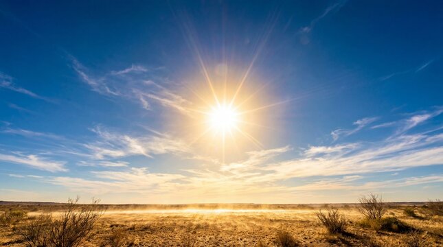 Low angle timelapse sun on blue sky concept. Vibrant sun shining brightly over a vast desert landscape.