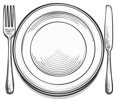 Illustration of an empty plate with a fork and knife set for dining