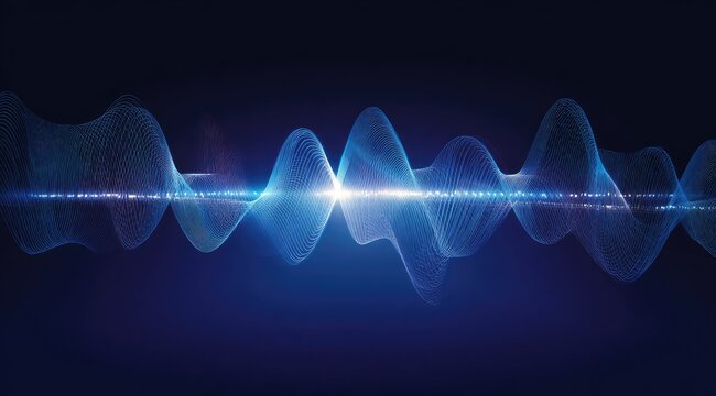 Abstract blue glowing wave patterns on dark background, representing sound