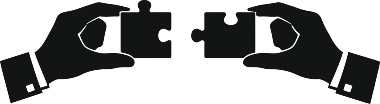 Black silhouette of two hands holding puzzle pieces, symbolizing connection and problem-solving collaboration