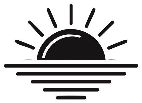 Sun rising over water horizon with stylized sun rays and waves silhouette