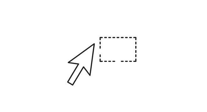 Computer cursor arrow hovering over dotted line rectangle; selection tool in graphic design interface in black on white