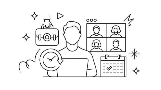 Customer support agent working with headset and clock icon, showing help desk service and schedule planning for calls