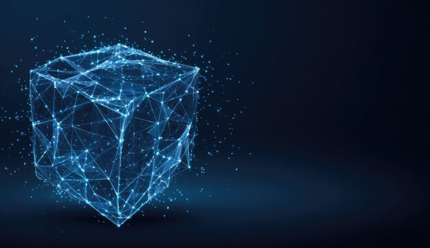 A luminous, wireframe cube constructed from glowing blue geometric points and lines