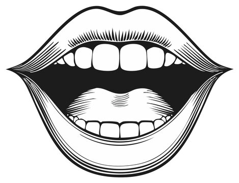 Open mouth expression with visible teeth and tongue in classic black and white engraving style