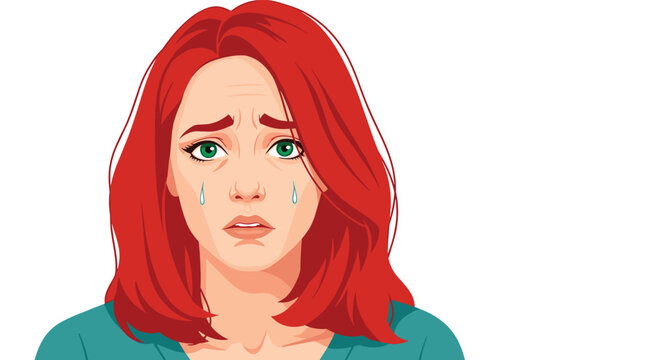 Sad woman with vibrant red hair looking downwards with tears streaming down her face and a grieving facial expression.
