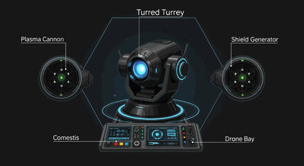 Futuristic turret defense system illustration featuring plasma cannon shield generator drone bay and advanced control panel elements on a dark background © souvenir