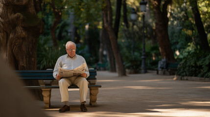 Fototapeta premium Frail 80-year-old man sitting on a park bench surrounded by leafy green trees, reading newspaper alone in dappled shade, urban green space access aging, loneliness prevention nature proximity, senio