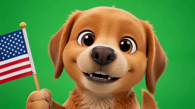 Adorable animated 3D dog character confidently holding a USA flag and smiling warmly into the lens, ideal for festive American pet brand advertising.
