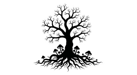 Mystical Silhouette Tree with Mushrooms and Roots © purnama