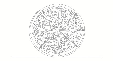 Fototapeta premium Continuous Line Drawing of a Sliced Pepperoni and Mushroom Pizza